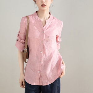Office shirt, Long Sleeve Pink Linen Shirt, Linen Shirt Women, Causal linen blouse, Organic Linen Tops, Spring Linen Shirt, Xiaolizi 4204
