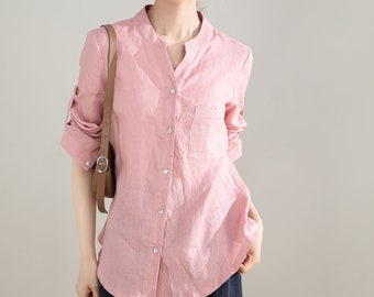 Bürohemd, Langarm Rosa Leinenhemd, Leinenhemd Frauen, Lässige Leinenbluse, Bio-Leinenoberteile, Frühlingsleinenhemd, Xiaolizi 4204