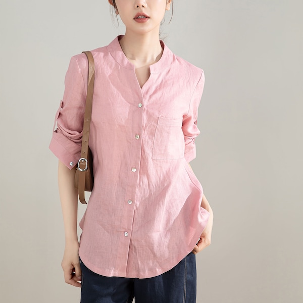 Camicia da ufficio, camicia di lino rosa a maniche lunghe, camicia di lino da donna, blusa di lino casual, top in lino biologico, camicia di lino primaverile, Xiaolizi 4204