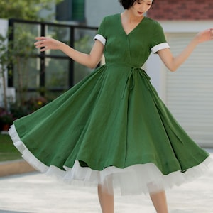 Linen Wrap Dress, Green V-Neck Swing Midi dress with Waist Tie, Short Sleeves linen dress , Summer casual dress, Custom dress, Xiaolizi 5991