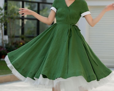 Linen Wrap Dress, Green V-neck Swing Midi Dress With Waist Tie