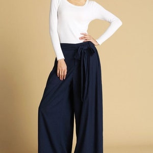Women's Pleated High Waisted Wide Leg Pants, Belted Palazzo Trousers, Grey Linen pants, Long linen pants, women linen pants, Xiaolizi 0308 3-Navy Blue-0471