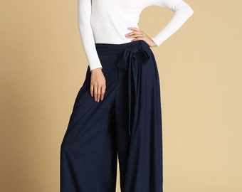 Women's Pleated High Waisted Wide Leg Pants, Belted Palazzo