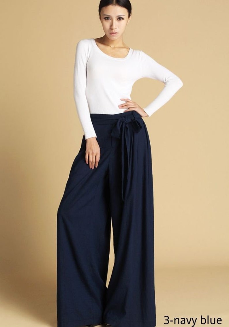 Women's Pleated High Waisted Wide Leg Pants, Belted Palazzo Trousers, Grey Linen pants, Long linen pants, women linen pants, Xiaolizi 0308 3-Navy Blue-0471