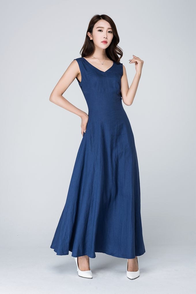 Long linen dress summer dress blue dress maxi dress V neck | Etsy