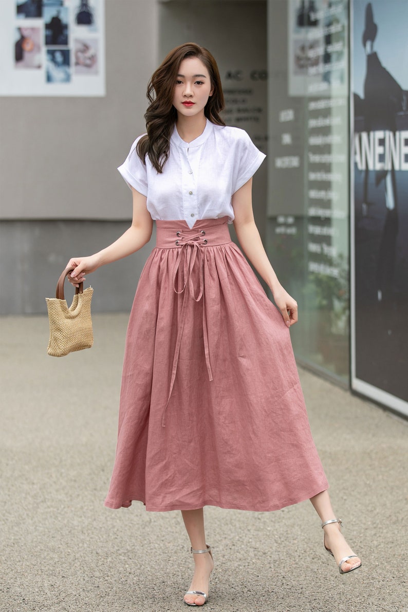 Pink Linen skirt, Long linen skirt for women, pleated linen maxi skirt, High waist Swing skirt with pockets, Womens skirt, Xiaolizi 4261 image 7