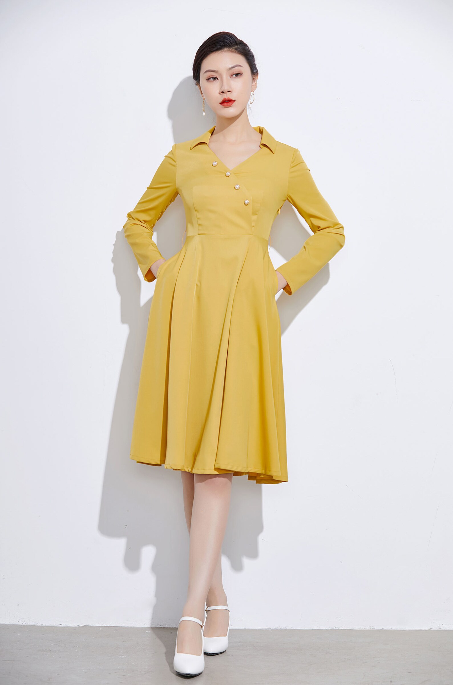 New style Yellow dress Spring women fit and flare dress Long | Etsy
