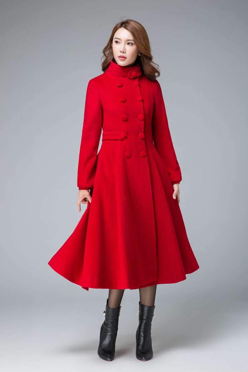 Navy blue coat, wool coat, warm winter coat, midi coat, womens coat, Fitted coat, double breasted coat, high collar, handmade coat 1600 Red
