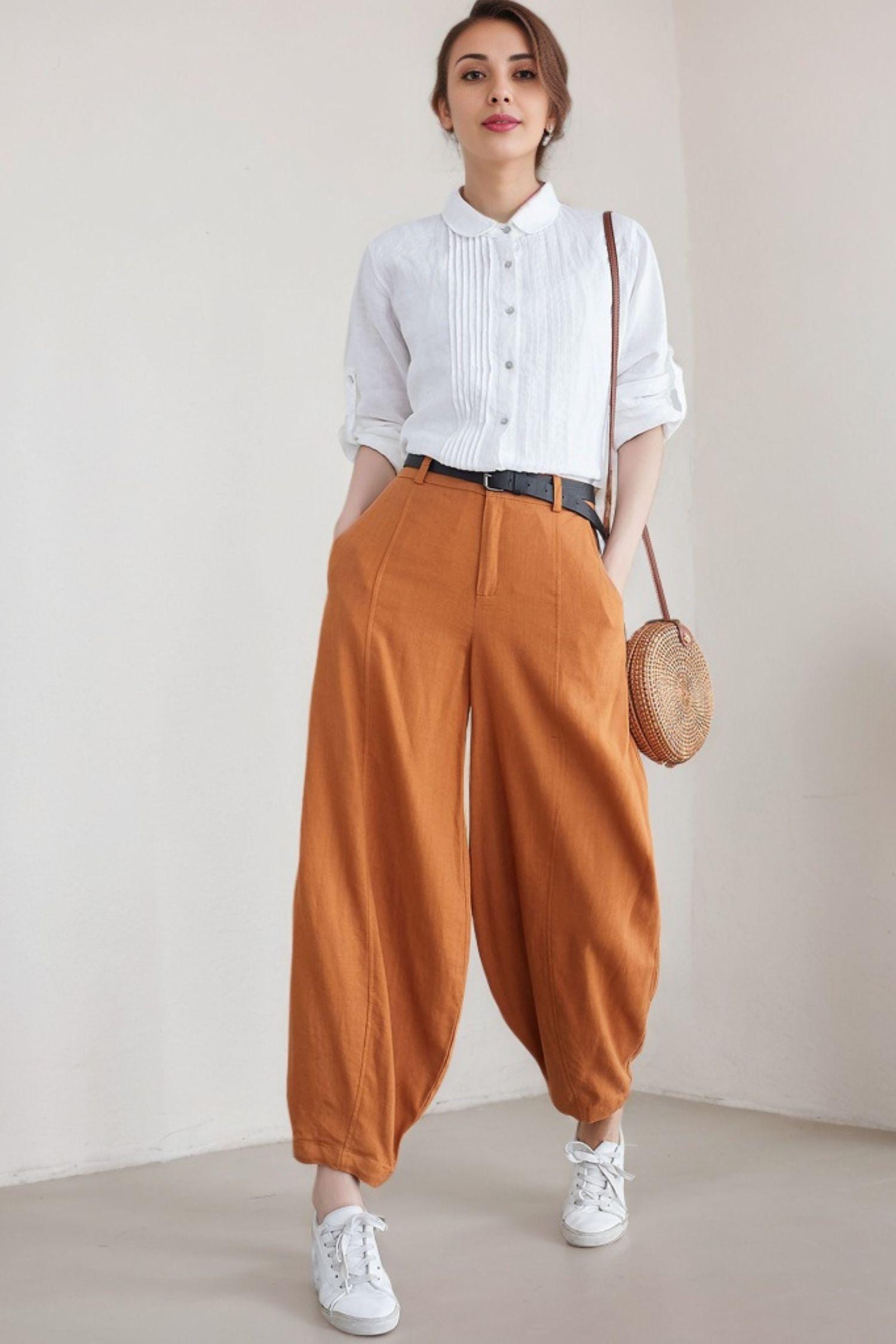 Burnt Orange Linen Pants: Women's Baggy Summer Trousers, Custom