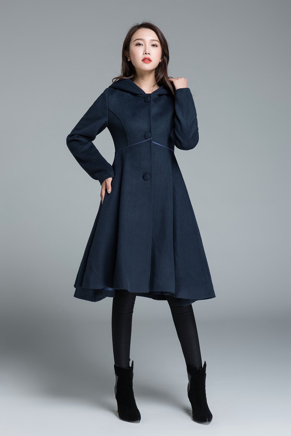 dark blue coat winter wool coat knee length coat hooded Etsy