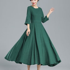 Black dress, linen dress, maxi dress, pleated dress, party dress, evening dress, round collar, 3/4 sleeves dress, ladies dresses 1728 Green