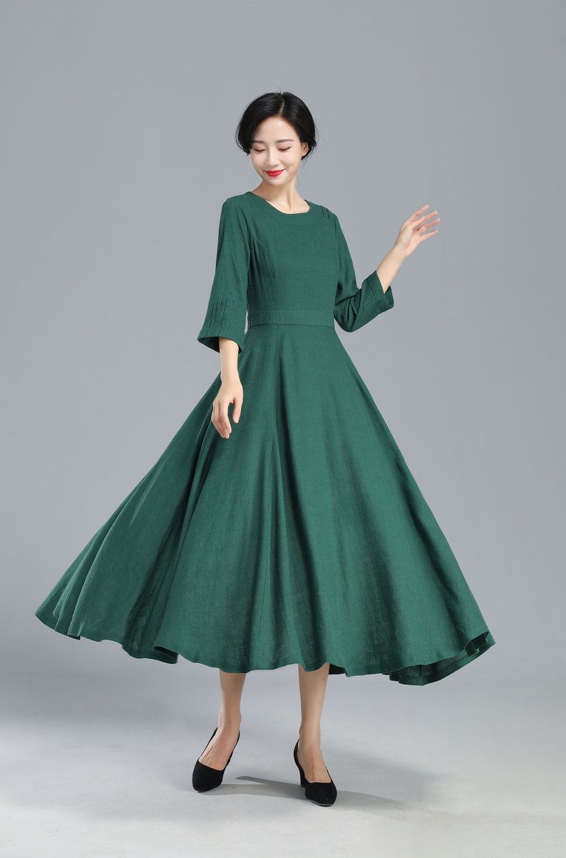 Black dress, linen dress, maxi dress, pleated dress, party dress, evening dress, round collar, 3/4 sleeves dress, ladies dresses 1728 Green