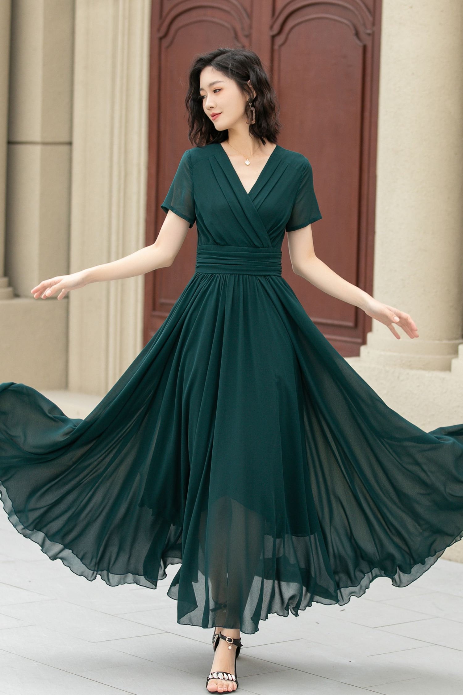 chiffon wedding guest dress 2023 Champagne Long XL Step into elegance with this long sleeve chiffon midi dress ARIADNE Halter Chiffon A-Line Dress