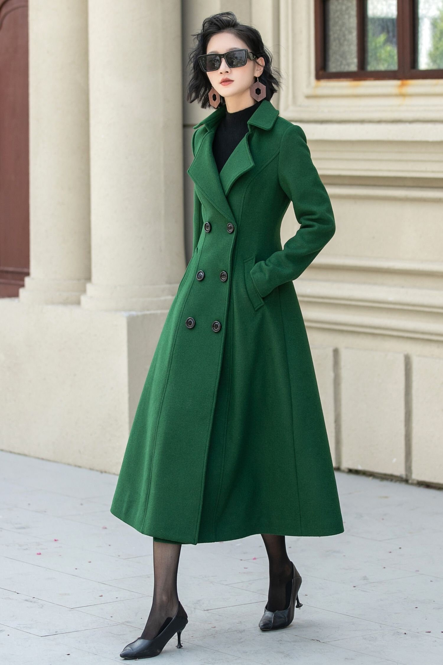 Forest Green Wool Coat: Handmade Double Breasted Winter Coat