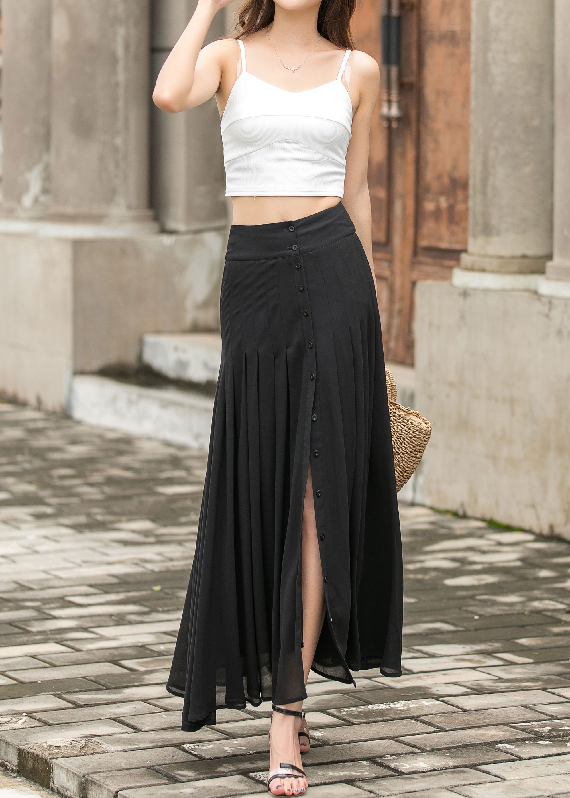 Button Front Maxi Chiffon Skirt With Slit, Summer Chiffon Button Front Maxi Chiffon Skirt With Slit, Summer Chiffon