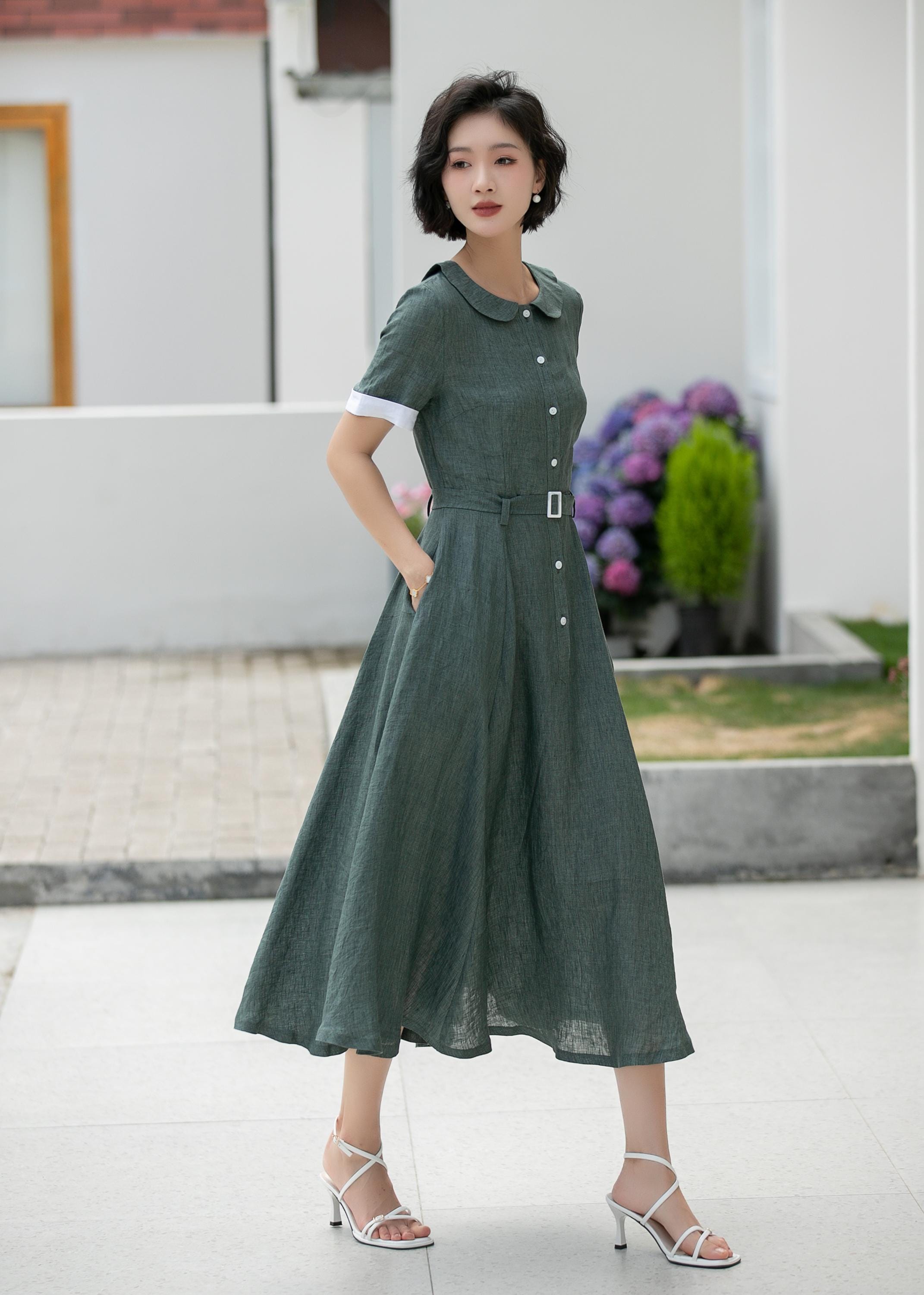 Dark Green Linen Dress, Midi Shirt Dress, Fit and flare Linen Dress, Swing Long Linen Dress, Womens Summer Spring Linen Dress, Xiaolizi 5988 Dark Green Linen Dress, Midi Shirt Dress, Fit and flare Linen Dress, Swing Long Linen Dress, Womens Summer Spring Linen Dress, Xiaolizi 5988