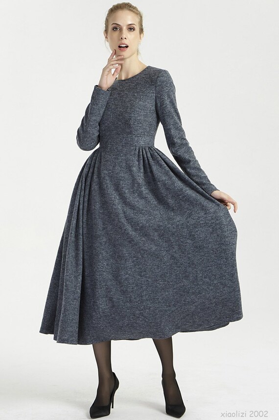 dark gray dress maxi wool dress fit and flare dress pleated Etsy