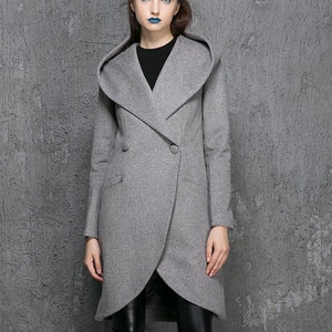 Wrap coat, wool coat, white coat, hooded coat, winter coat, short coat, womens coats, casual coat, mod clothing, custom made 1119 light gray-1356