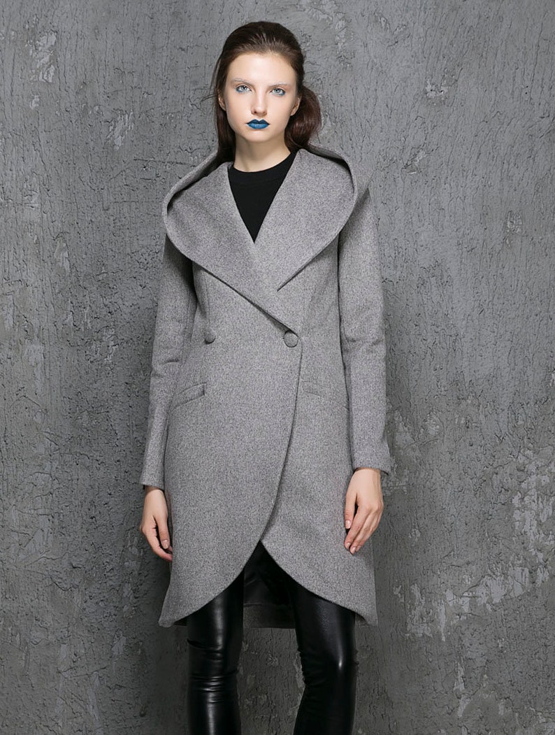 Wrap coat, wool coat, white coat, hooded coat, winter coat, short coat, womens coats, casual coat, mod clothing, custom made 1119 light gray-1356