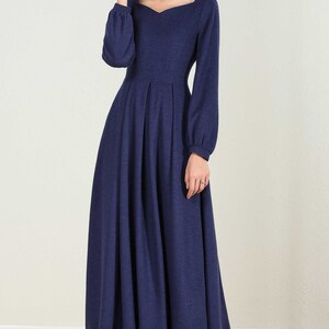 Long wool Maxi dress, Long sleeve wool dress, Blue wool dress, Wool dress, Woman dress, fit and flare dress, Autumn winter dress 2430# image 7