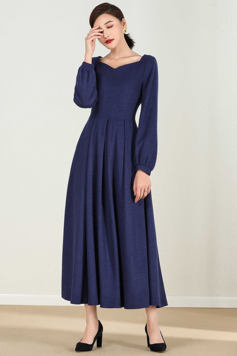 Long wool Maxi dress, Long sleeve wool dress, Blue wool dress, Wool dress, Woman dress, fit and flare dress, Autumn winter dress 2430# image 7
