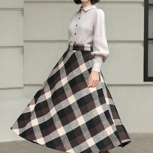 Plaid Wool Midi Skirt: High Waisted A-Line Vintage Style, Plus size, Custom, Xiaolizi 6421# image 4