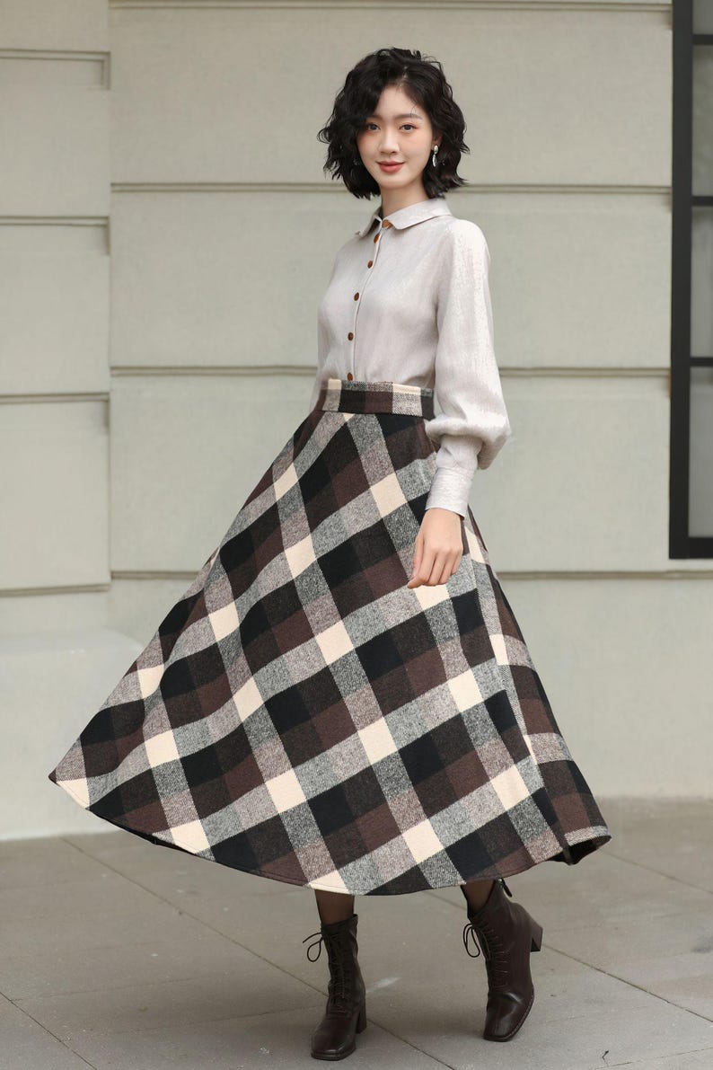Plaid Wool Midi Skirt: High Waisted A-Line Vintage Style, Plus size, Custom, Xiaolizi 6421# image 4
