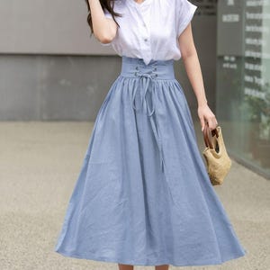 Pink Linen skirt, Long linen skirt for women, pleated linen maxi skirt, High waist Swing skirt with pockets, Womens skirt, Xiaolizi 4261# 2-Blue