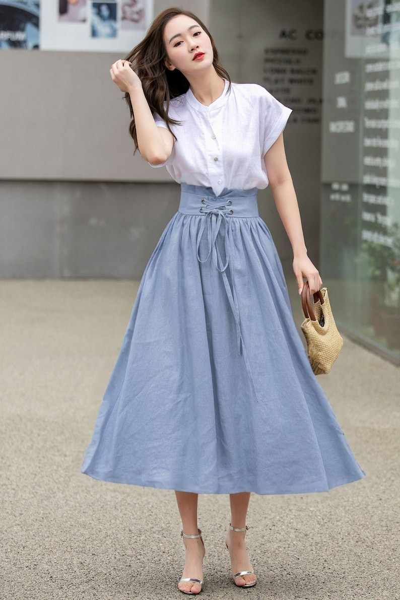 Pink Linen skirt, Long linen skirt for women, pleated linen maxi skirt, High waist Swing skirt with pockets, Womens skirt, Xiaolizi 4261# 2-Blue