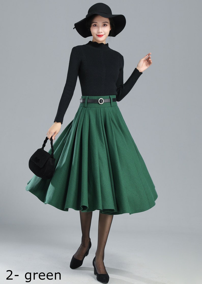 Winter Circle Wool Skirt, Wool Midi Skirt, High Waisted Skirt, Swing Wool Skirt, A Line Pleated Skirt, Full Skater Skirt, Flared Skirt 3110 2-green