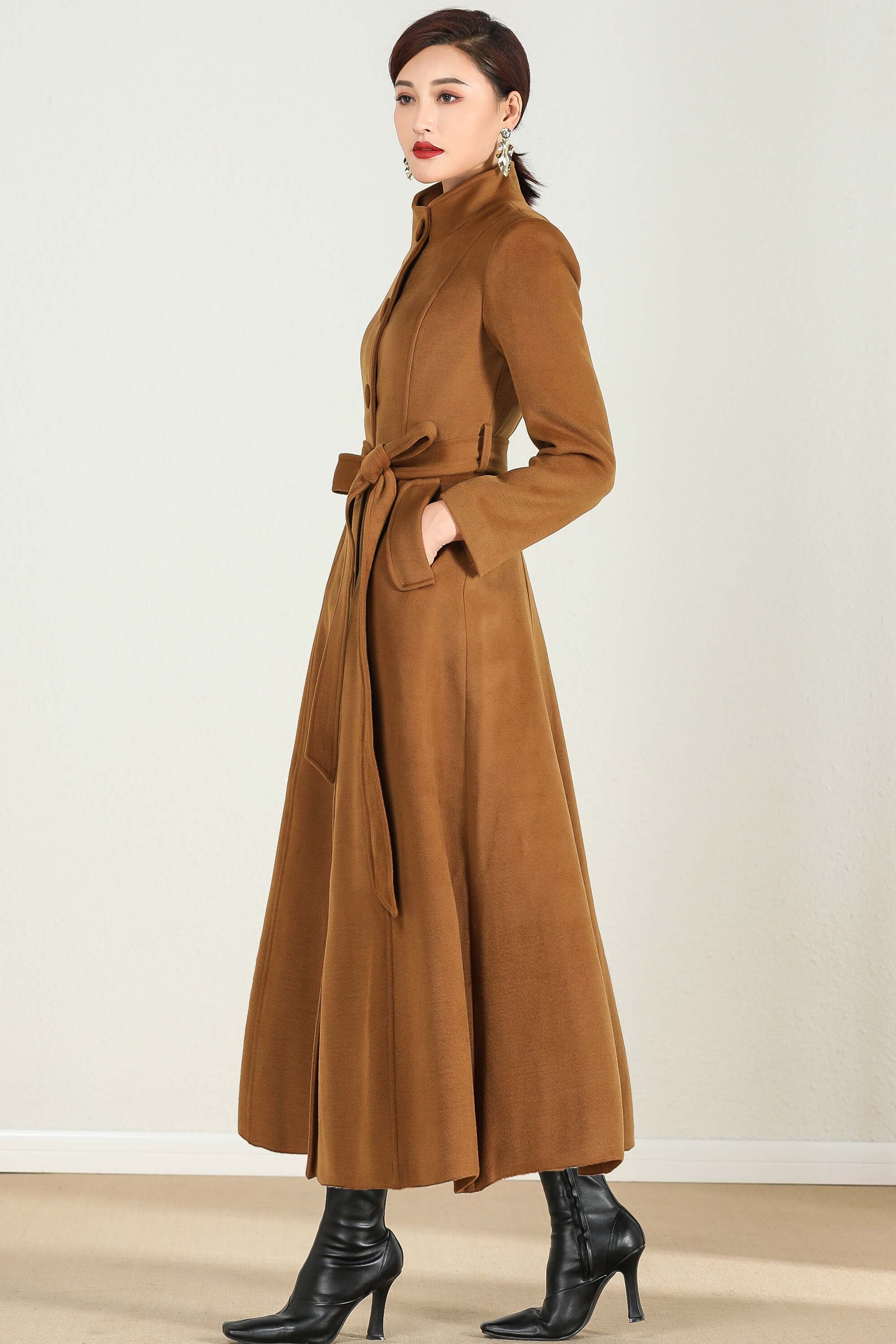 A-line Wool Coat: Handmade Brown Winter Outwear, Long Maxi Trench