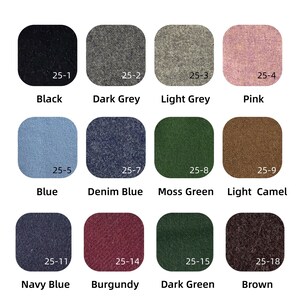 May include: Swatch card with 12 fabric samples in various colors, including black, dark grey, light grey, pink, blue, denim blue, moss green, light camel, navy blue, burgundy, dark green, and brown. Each sample is labeled with a number and a color name.
