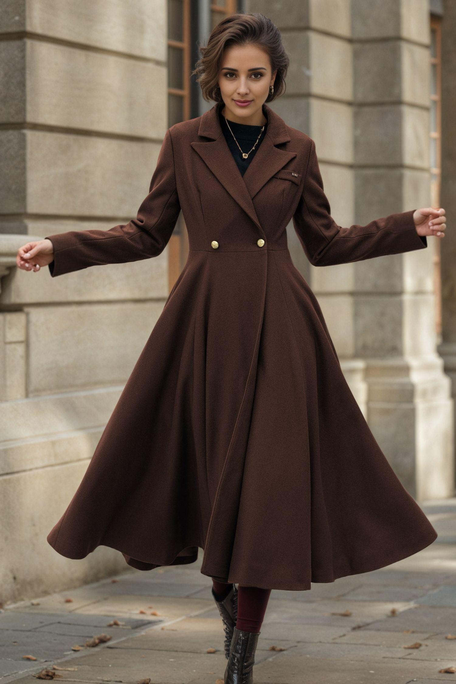 Womens Wool Coat, Brown Wool Coat, Swing Wool Coat, Military Wool