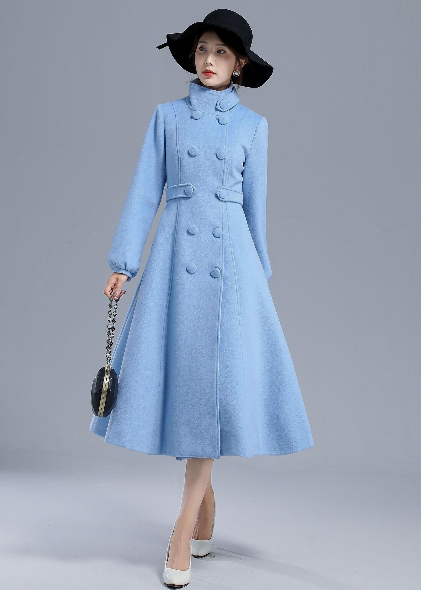 Double Breasted Wool Coat, Light Blue Wool Coat, Warm Winter