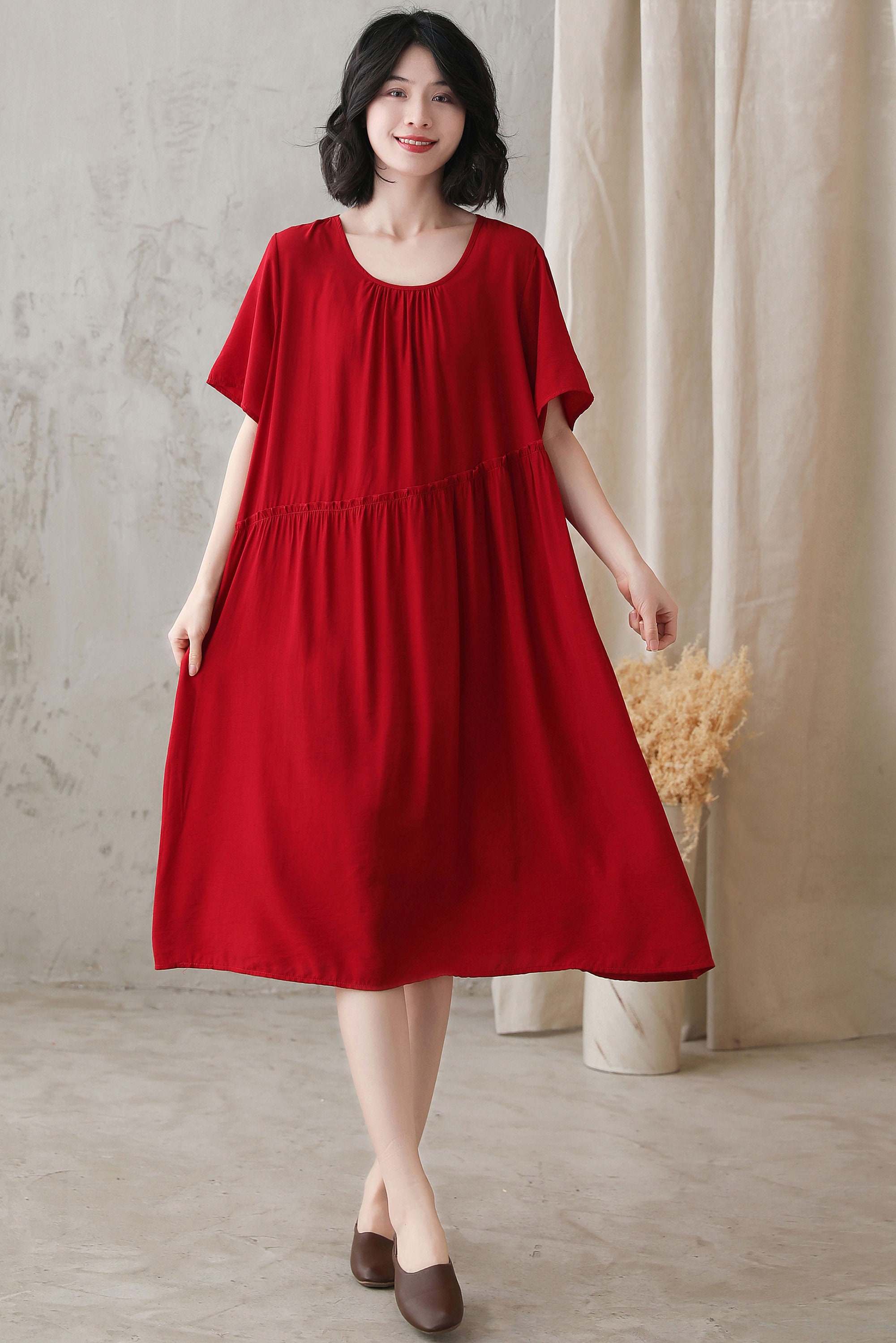 Red Summer Cotton dress Plus size Pleated cotton Dress | Etsy