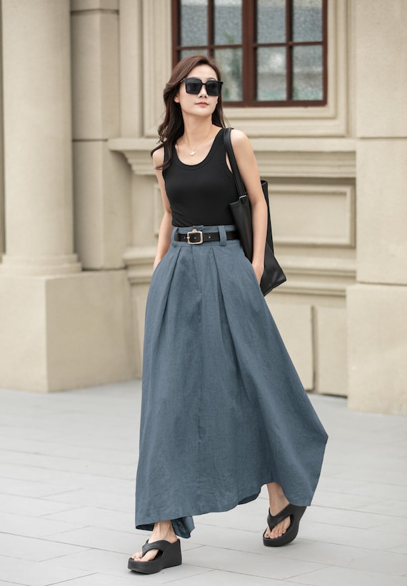 Army Green Linen Maxi Skirt, Asymmetrical Patchwork, Custom Made