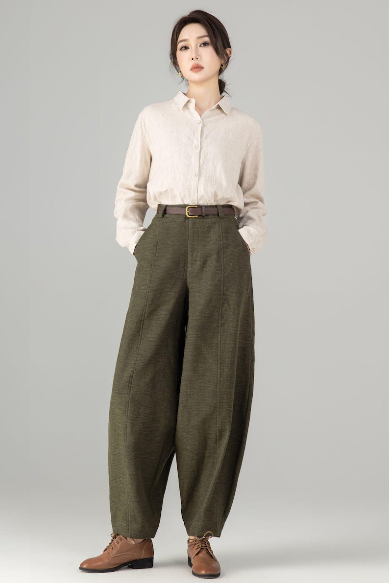 Women's Linen baggy pants, Casual Baggy Harem Pants, Army green Long linen pants, Spring linen pants, Loose Fitting Pants, Xiaolizi 5703 image 8
