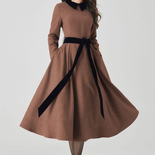 Brown Swing Wool Dress, Patchwork Dress, Womens Wool Dress, Winter Dress, Fit and Flare Dress, High Waisted Dress, Custom Dress 4524#