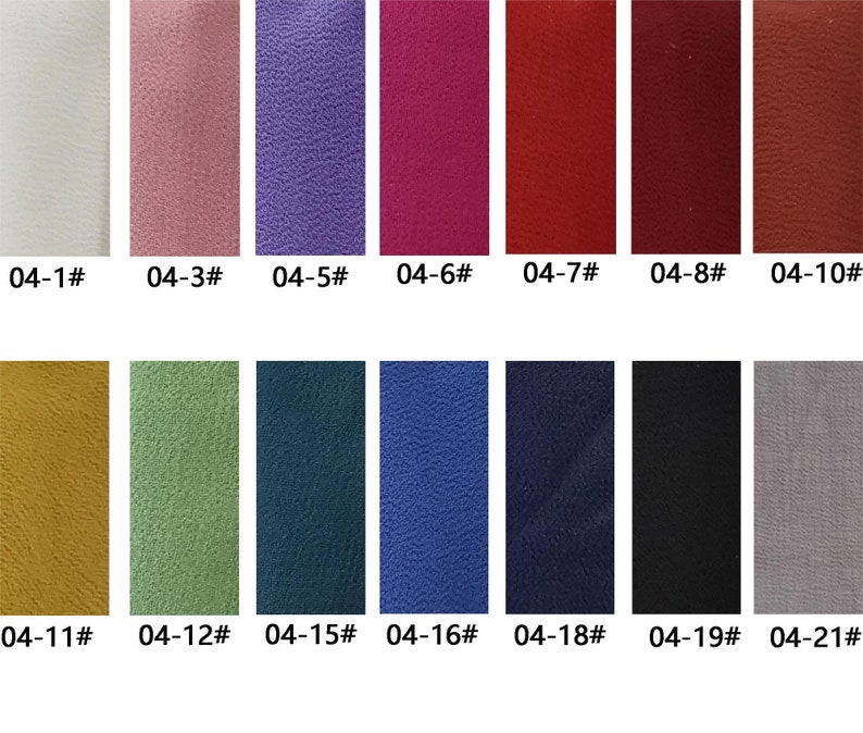 May include: Swatch card displaying 21 fabric samples in a range of colours, including white, pink, purple, red, brown, yellow, green, blue, black, and grey. The samples are labelled with numbers from 04-1 to 04-21.