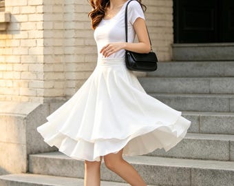 Witte skaterrok van chiffon, tweelaagse cirkelrok met hoge taille, knielange zomerschommelrok, vloeiende cocktailpartyrok, Xiaolizi 6797