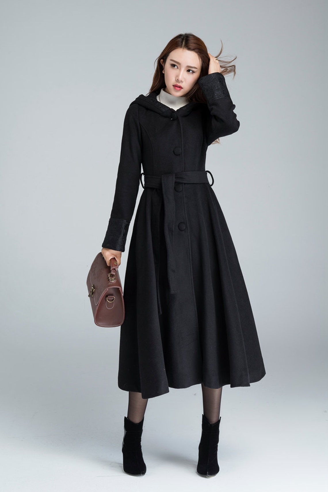 Black wool coat long trench coat hooded coat wool coat | Etsy