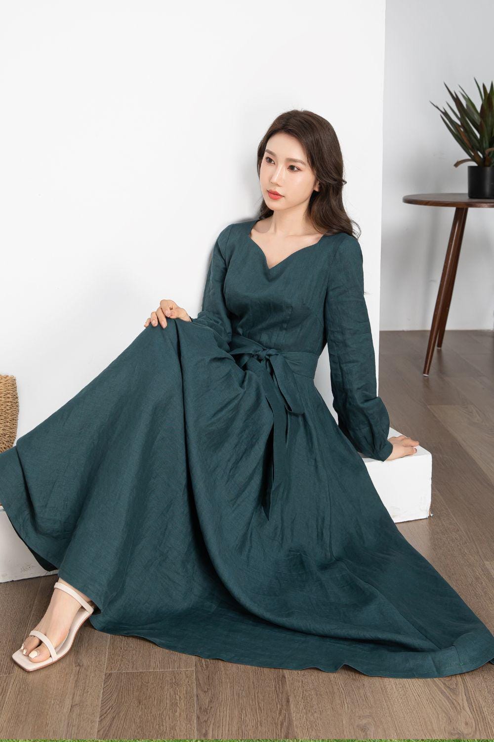 Linen Autumn Maxi Dress | Xs Teal Customizable Dark 5639 Handmade By Xiaolizi Linen Autumn Maxi Dress | Xs Teal Customizable Dark 5639 Handmade By Xiaolizi