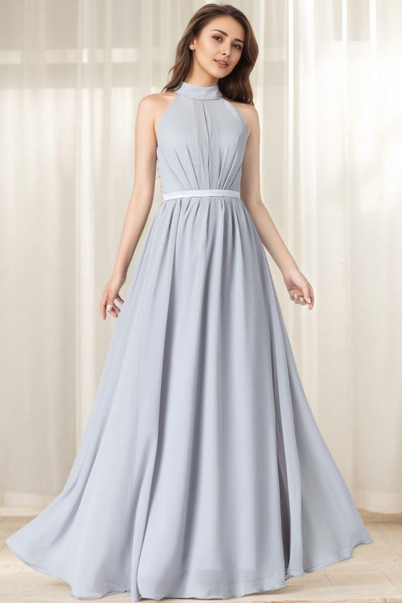 slim fit dress slacks Grey Chiffon Halter Pleating Sexy Slit Occasion Dresses, CP0757 US4 / Custom Color(Leaving A note) main image 0