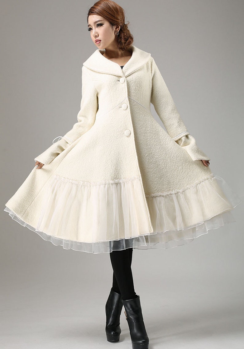 Swing White wool coat, winter wedding coat, wool coat for women, party coat, coat with lace, warm coat, dress wool coat, fashion coat 0725 image 3