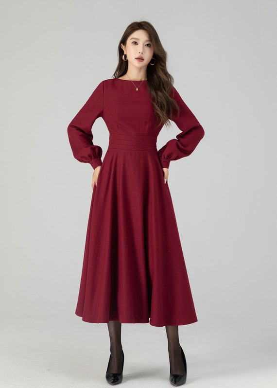 Burgundy swing winter wool dress for women 4550 Burgundy swing winter wool dress for women 4550
