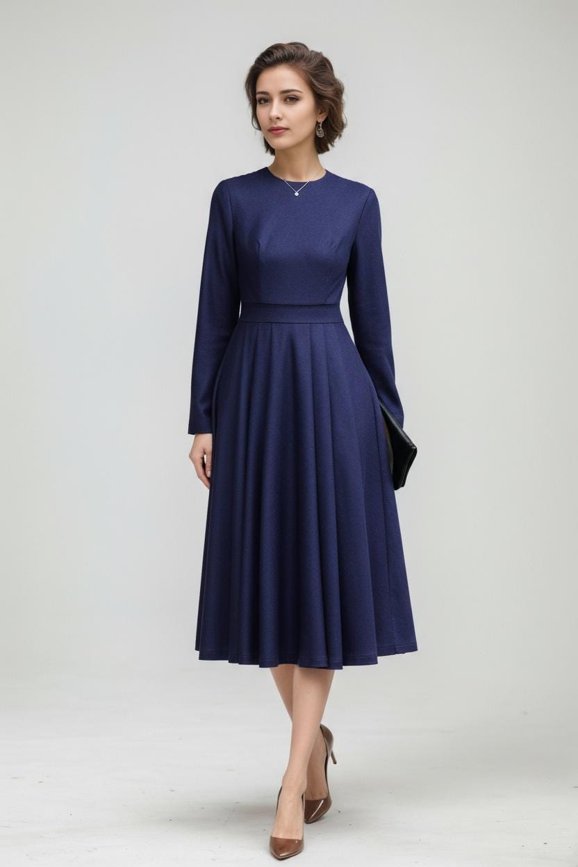 Handmade Navy Wool Midi Dress – 1950s Fit and Flare, Long Sleeves
