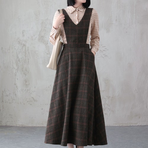 Robe chasuble longue en laine, robe en laine à carreaux d'inspiration vintage, robe longue d'hiver pour femme avec poches, chasuble trapèze en laine, Xiaolizi 3836 #