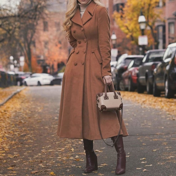 Double Breasted Wool Coat, Women's Winter Wool Coat, Brown Wool