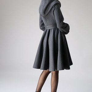 Long sleeve Hooded swing coat, winter wool coat, hooded wool coat, gray coat, A-Line Shape coat, midi length coat with lantern sleeves 1073 image 4