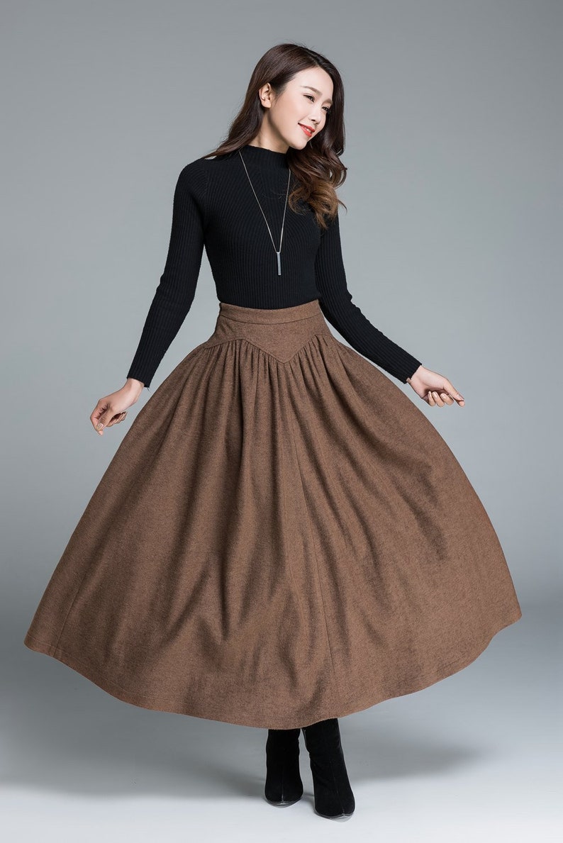 Vintage Inspired Long Wool skirt, Wool skirt women, High waist wool skirt, Winter wool skirt in brown, pleated wool skirt, Mod clothing 1642 image 5